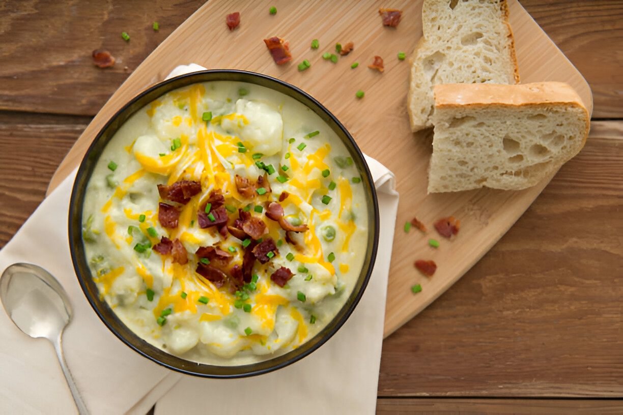 A bowl of creamy potato soup garnished with cheese, bacon, and green onions, served with slices of bread on a wooden tray.