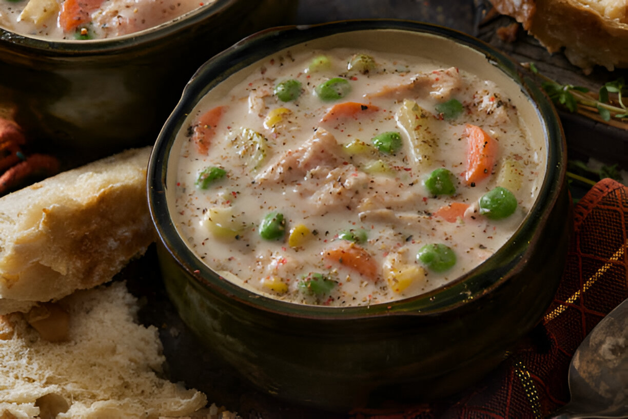 A creamy bowl of chicken and vegetable soup with green peas, carrots, and celery, served with bread on a dark surface.
