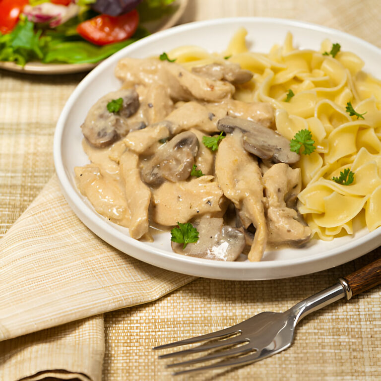 Creamy chicken with mushrooms served on a white plate with egg noodles and a fresh salad in the background.