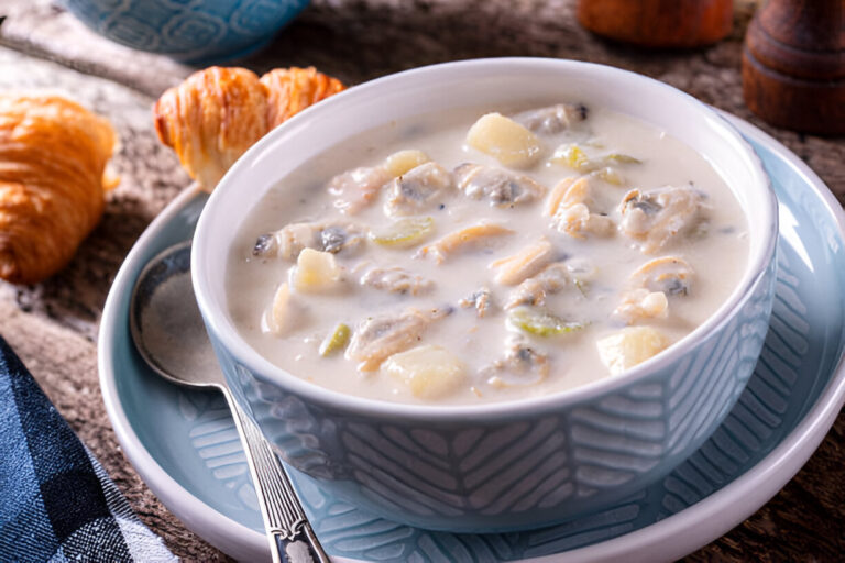 A bowl of creamy seafood chowder with chunks of vegetables, placed on a blue plate with a spoon alongside.
