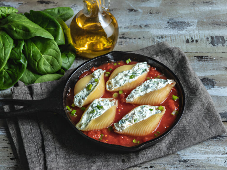 Stuffed pasta shells in a skillet with tomato sauce and spinach on a wooden surface.