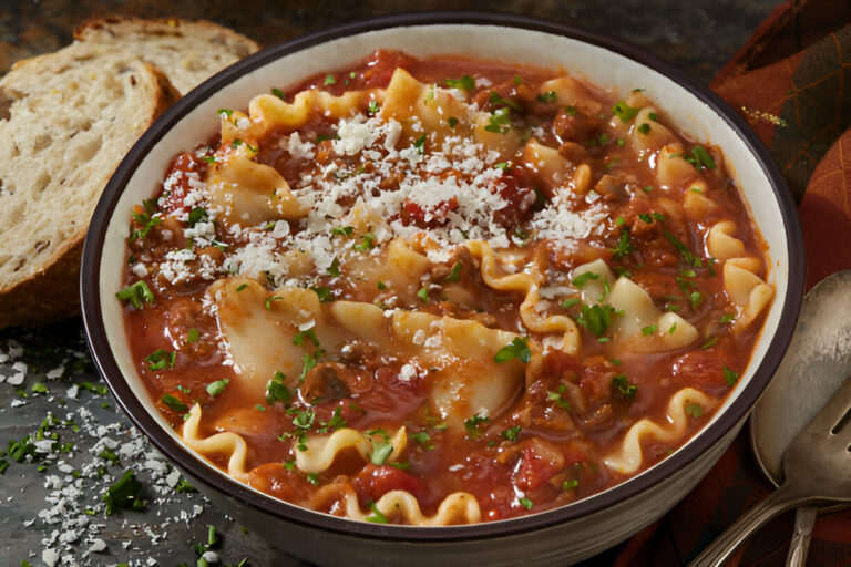 A bowl of hearty lasagna soup garnished with grated cheese and parsley, accompanied by a slice of bread