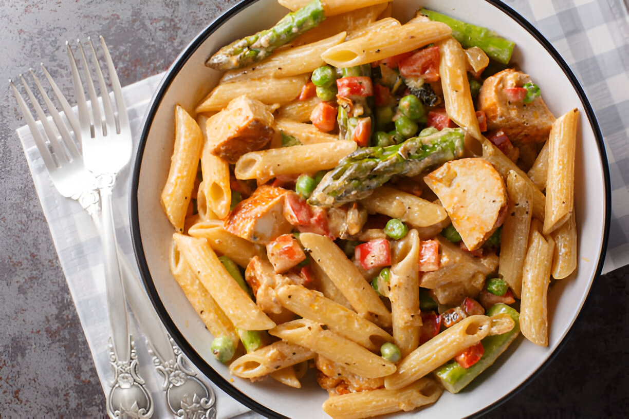 A close-up of a bowl of pasta with chicken, asparagus, and mixed vegetables.