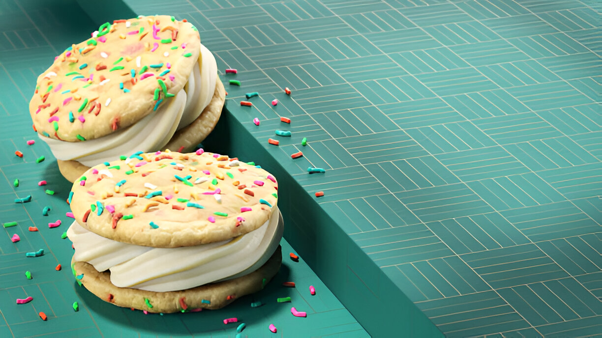 Two large sandwich cookies filled with white frosting and topped with colorful sprinkles, placed on a teal patterned surface.