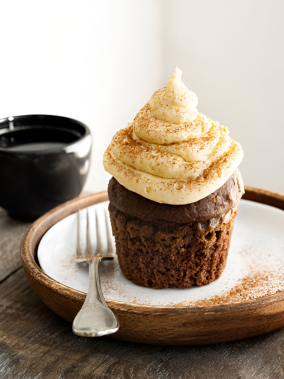 A delicious cupcake with frosting on a wooden plate beside a black coffee cup