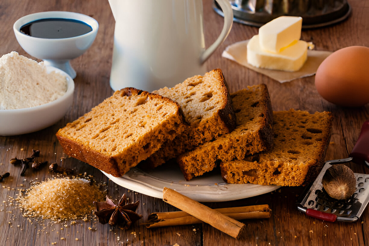 Sliced bread on a plate with cooking ingredients including flour, syrup, butter, an egg, sugar, and spices on a wooden table.