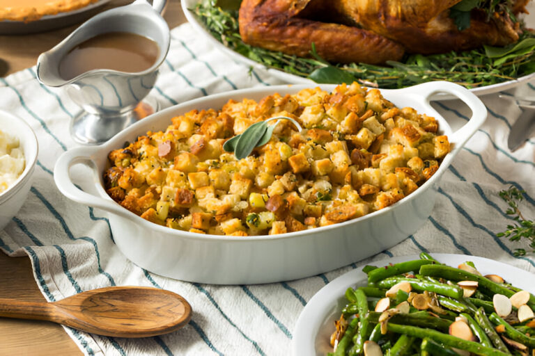 A delicious Thanksgiving meal featuring homemade stuffing, green beans, turkey, and gravy.