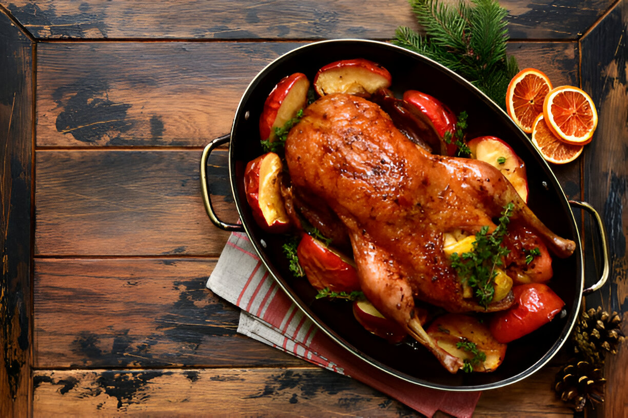 A roasted duck surrounded by apples and garnished with herbs, placed in a black roasting pan on a wooden tabletop.