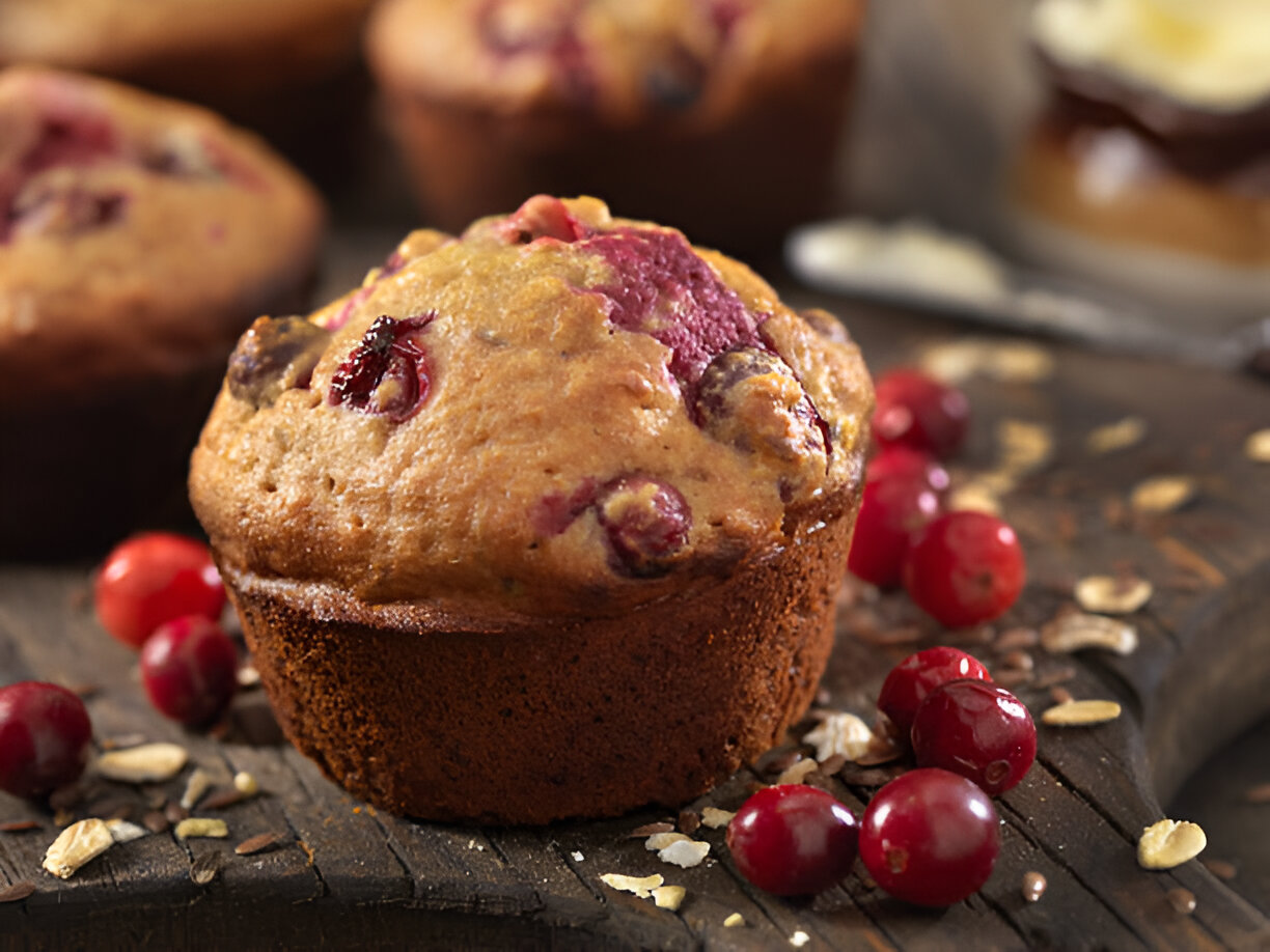 Freshly baked cranberry muffins on a wooden surface