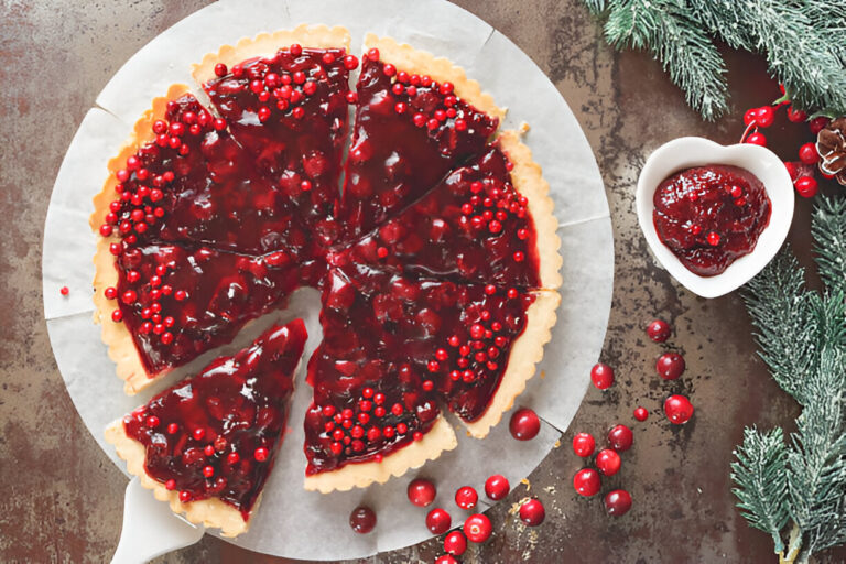 A delicious cranberry tart with vibrant red cranberry topping and fresh cranberries scattered around.