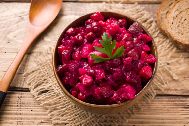 A bowl of vibrant pink beet salad garnished with fresh parsley, next to slices of brown bread on a rustic wooden table.
