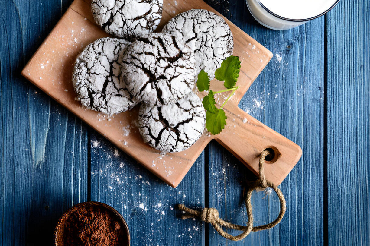 A wooden board with cracked chocolate cookies dusted with powdered sugar, accompanied by a glass of milk and a bowl of cocoa powder on a blue wooden surface.