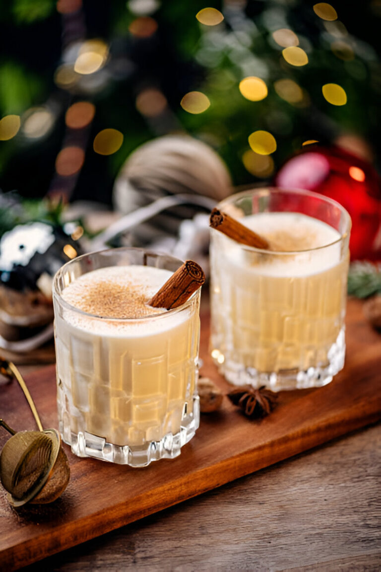 Two glasses of creamy cocktails garnished with cinnamon sticks on a wooden platter, with a festive background of blurred lights.