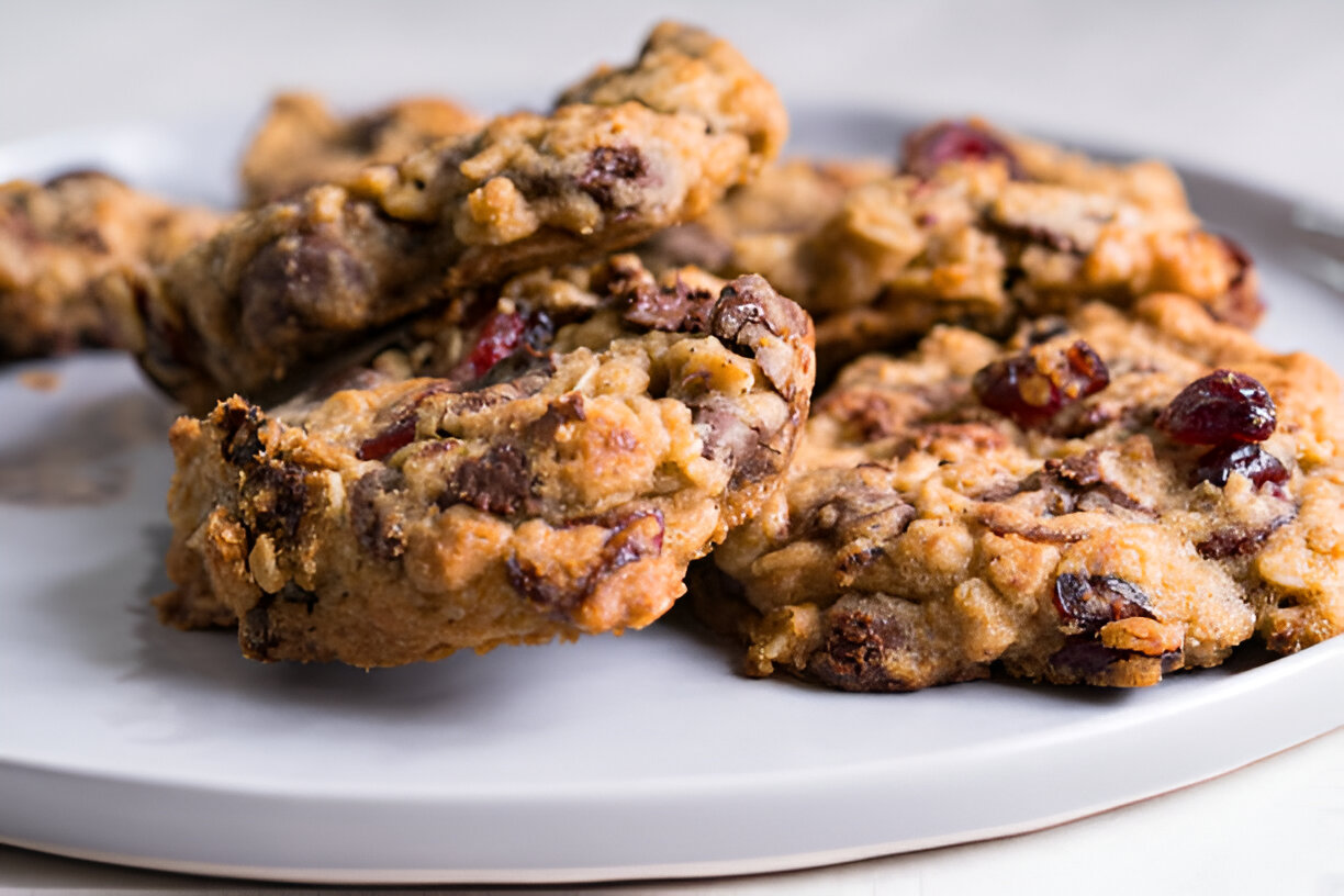 A close-up of oatmeal cookies with chocolate chips and cranberries piled on a white plate.