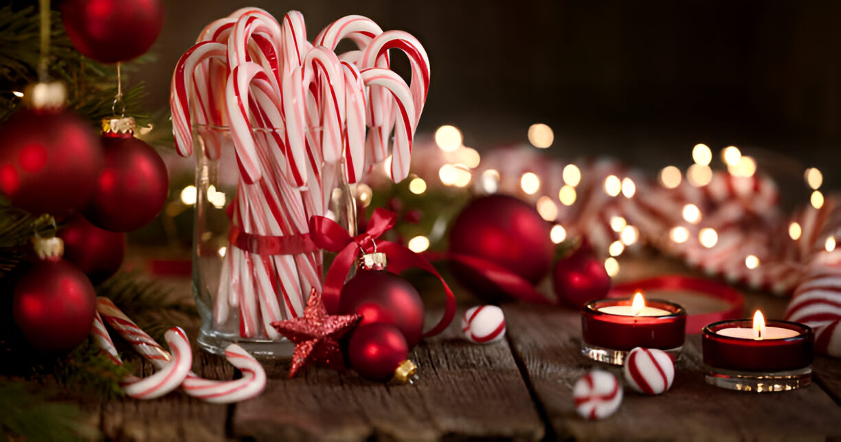 A festive arrangement of candy canes, red ornaments, and candles on a wooden table with a warm, cozy background.