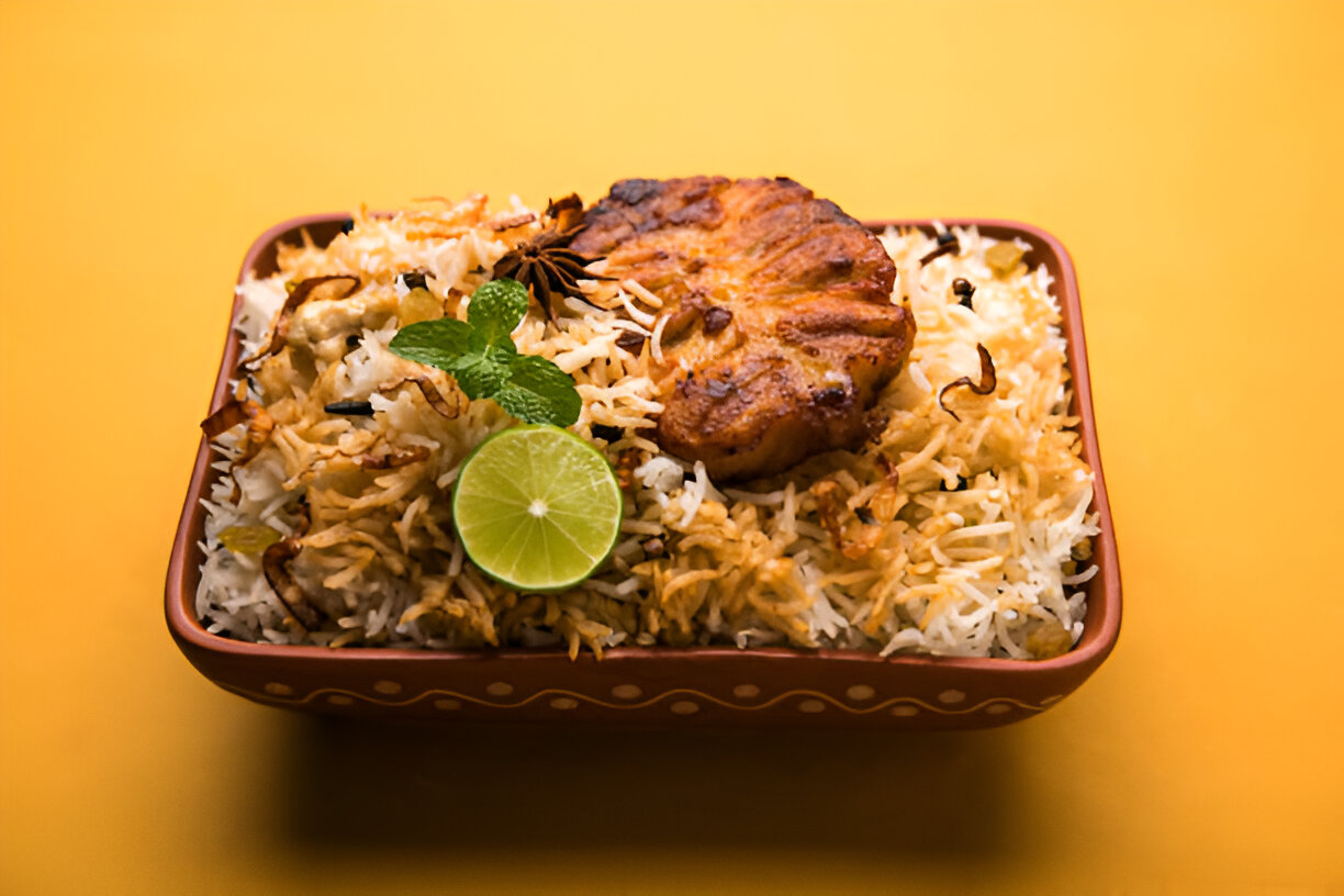A serving of flavorful biryani with a piece of grilled meat, lime slice, and mint leaves on top, presented in a decorative bowl against a yellow background.