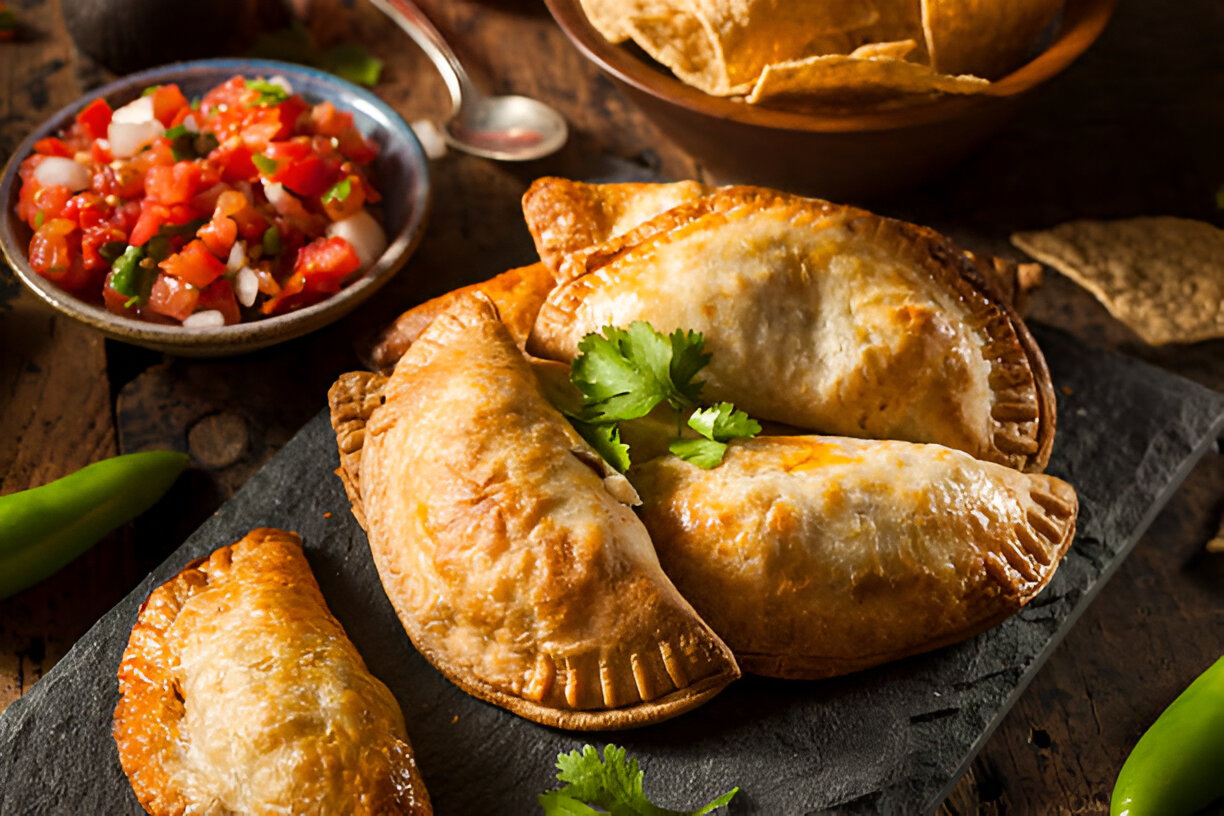 A plate of golden-brown empanadas garnished with fresh cilantro, served alongside a bowl of vibrant salsa and tortilla chips.