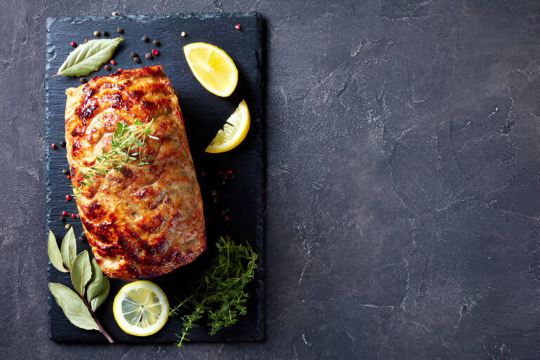 A beautifully roasted meatloaf garnished with herbs and lemon slices on a black slate board.