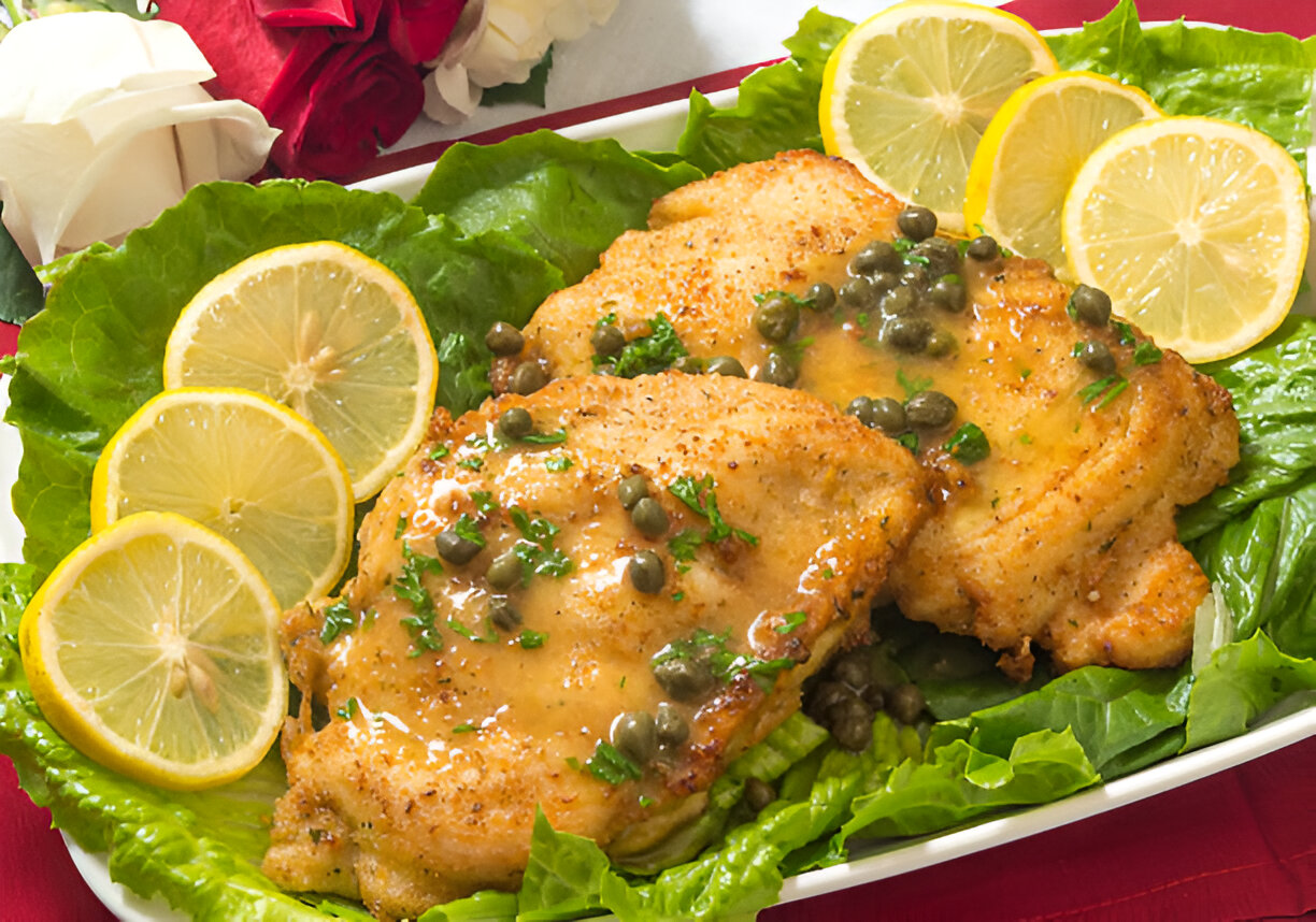 A plate of chicken piccata garnished with lemon slices and capers on a bed of lettuce.