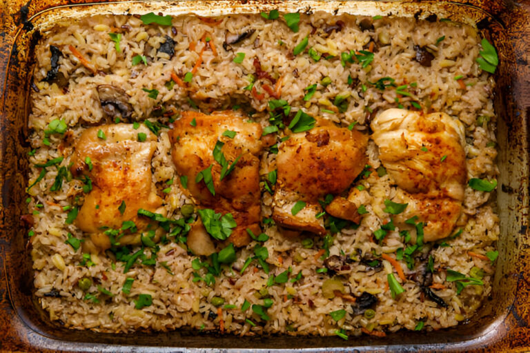 Baked chicken thighs with seasoned rice and herbs in a rectangular dish