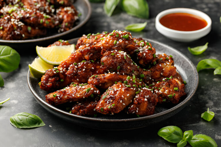 A plate of crispy chicken wings garnished with sesame seeds and green onions, accompanied by lime wedges and a small bowl of dipping sauce.