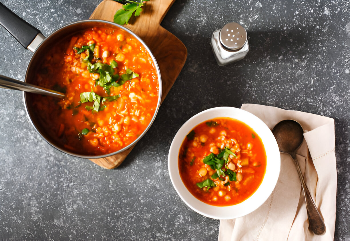 A bowl of soup garnished with fresh cilantro next to a pot of soup on a wooden cutting board, set against a dark textured surface.
