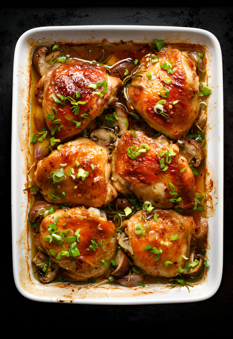 A casserole dish filled with baked chicken thighs garnished with green onions and surrounded by mushrooms and onions.