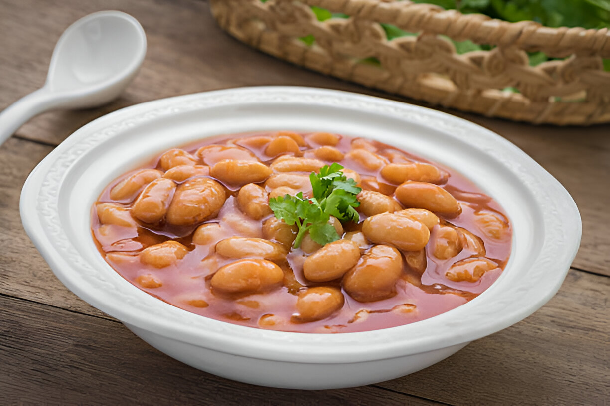 A bowl of cooked white beans in a rich tomato sauce, garnished with fresh cilantro, on a wooden table.