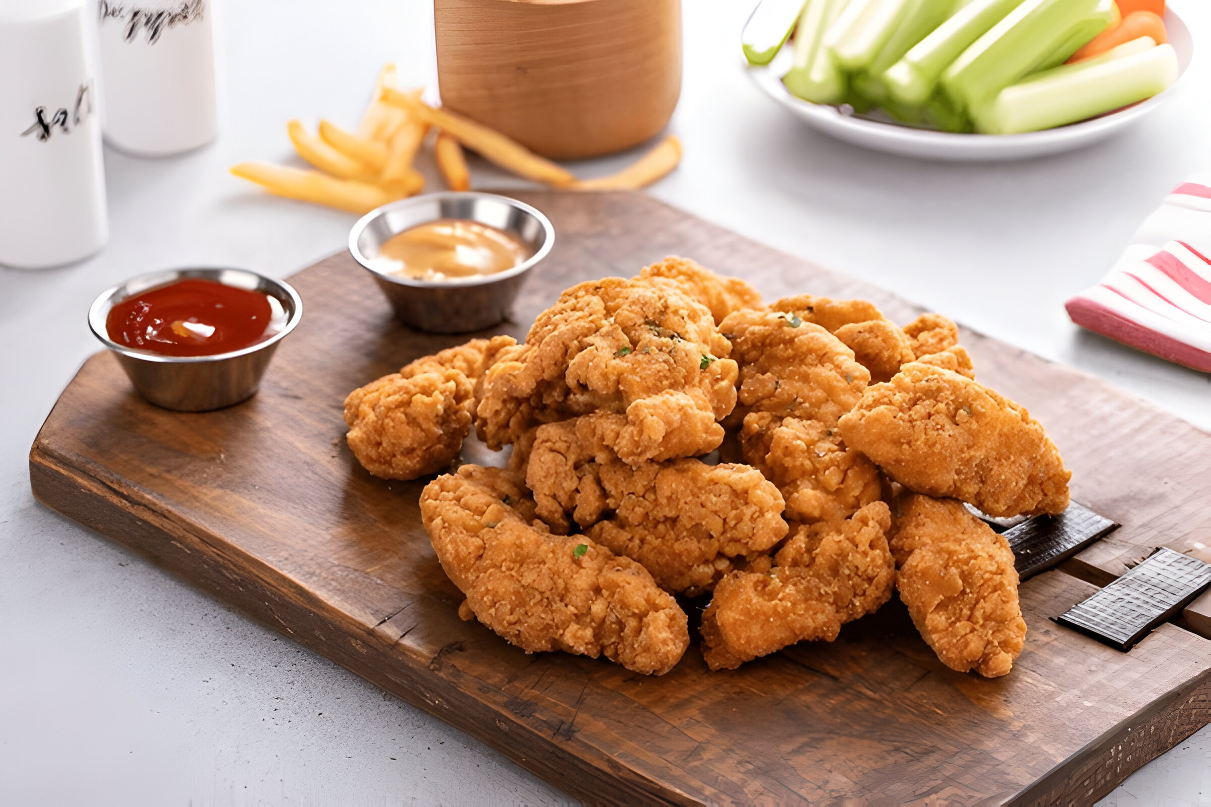 A wooden platter with crispy fried chicken pieces, served with dipping sauces of ketchup and another sauce, alongside celery and french fries.