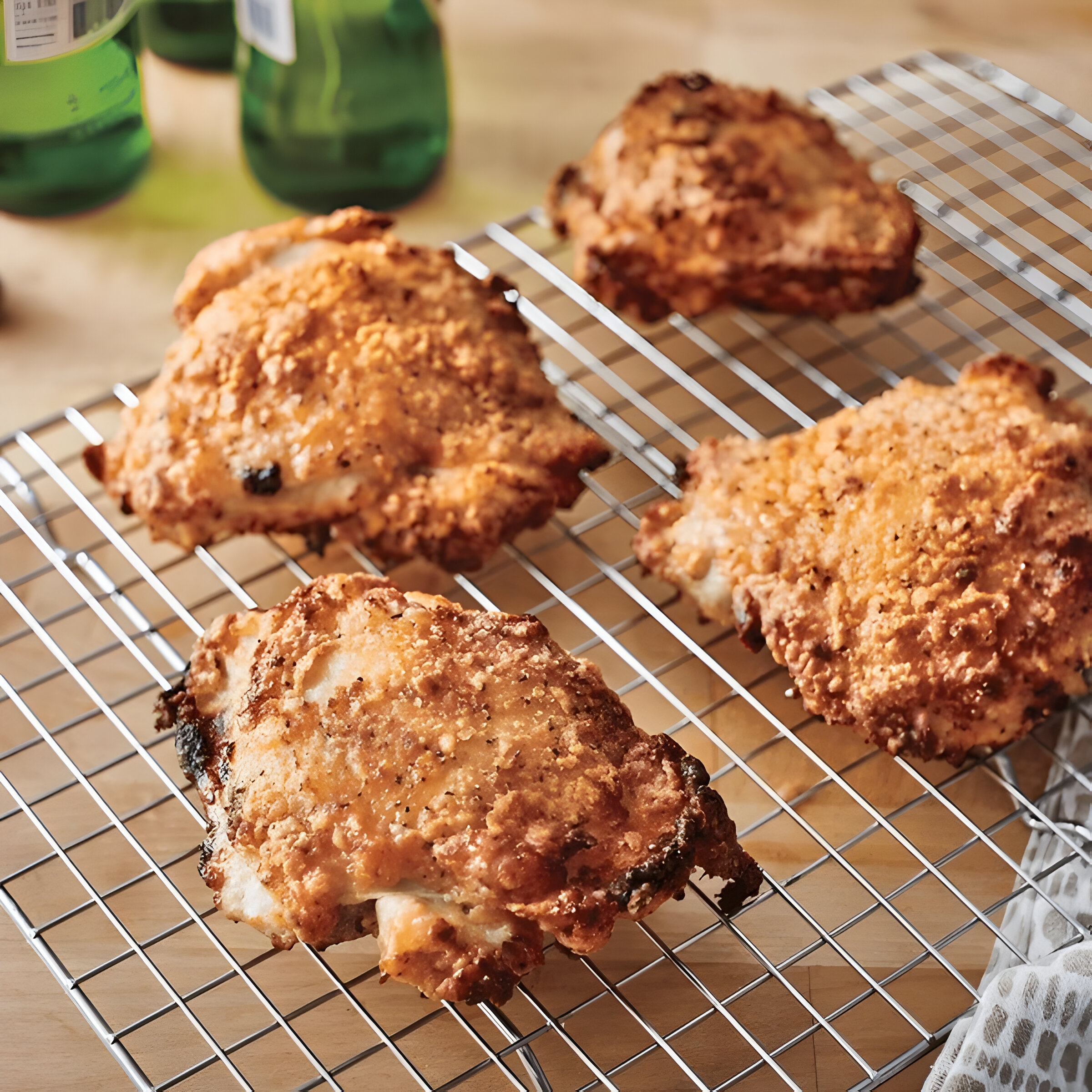 Golden brown fried chicken thighs cooling on a wire rack.