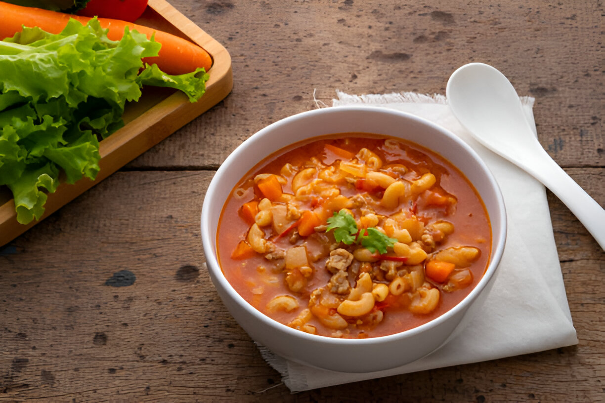 A bowl of pasta soup with vegetables served on a wooden table, accompanied by fresh lettuce and carrots.