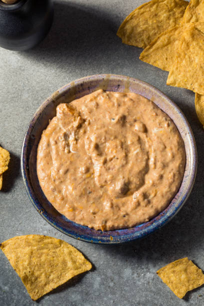 A bowl of creamy bean dip surrounded by tortilla chips on a gray surface.