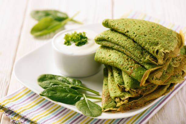 Plate of green spinach pancakes served with a dollop of yogurt and fresh spinach leaves.