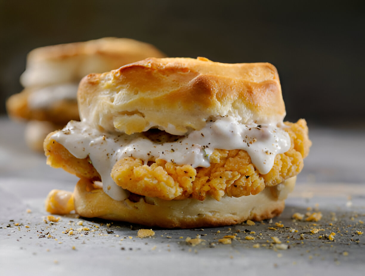 A delicious fried chicken biscuit sandwich with creamy gravy