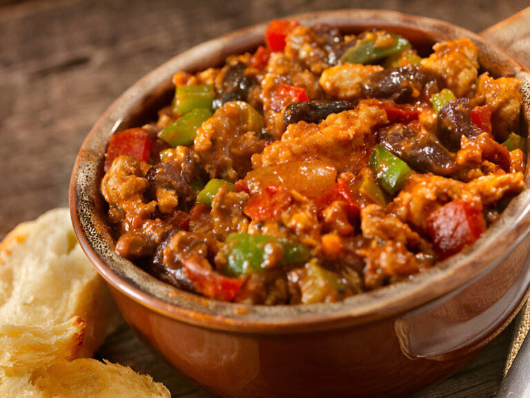 A hearty bowl of chili with ground meat, black beans, bell peppers, and spices served with bread on the side.