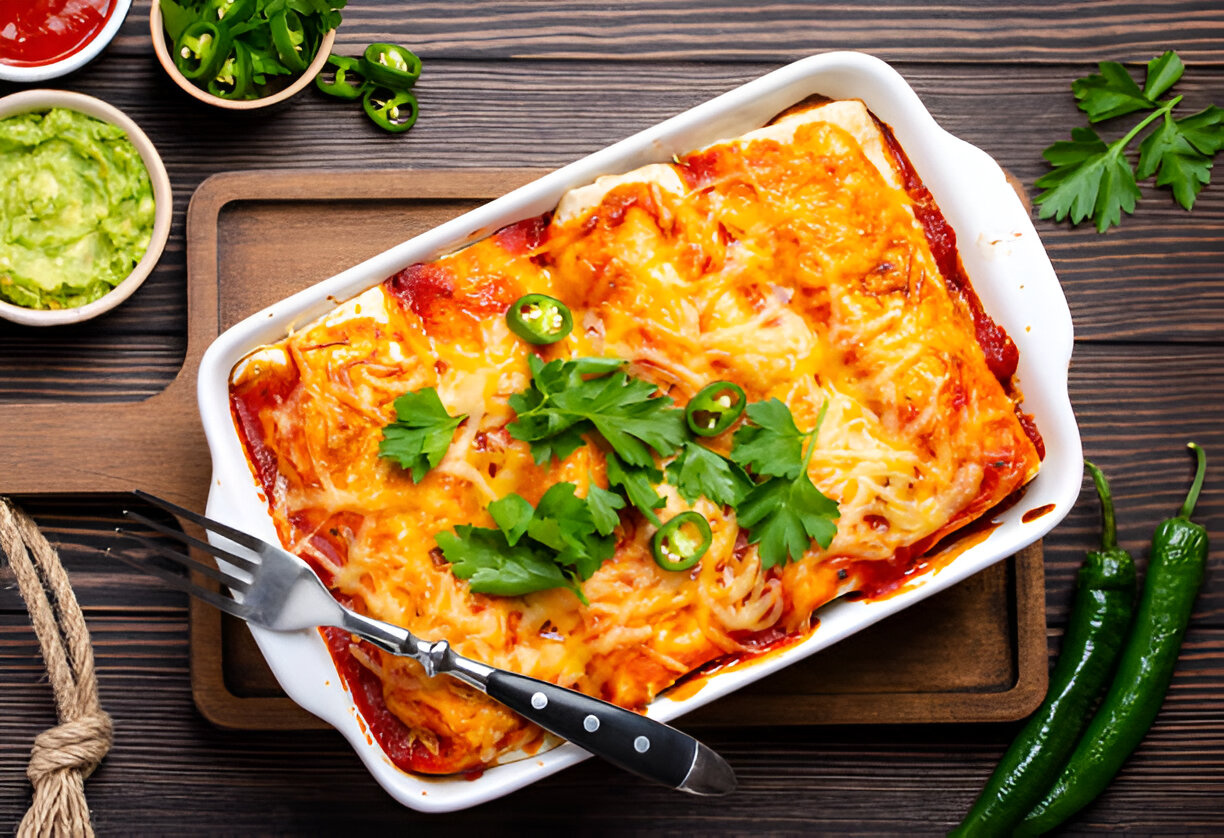 A delicious cheesy enchilada dish topped with green peppers and cilantro, served alongside guacamole and sauce