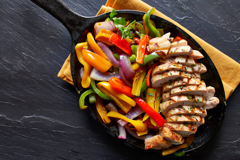 Sliced grilled chicken breast served with colorful sautéed bell peppers and onions in a cast iron skillet.