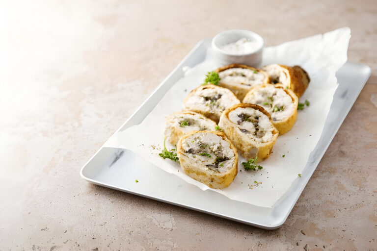 Slices of a savory roll filled with mushrooms and herbs, garnished with parsley on a white plate.