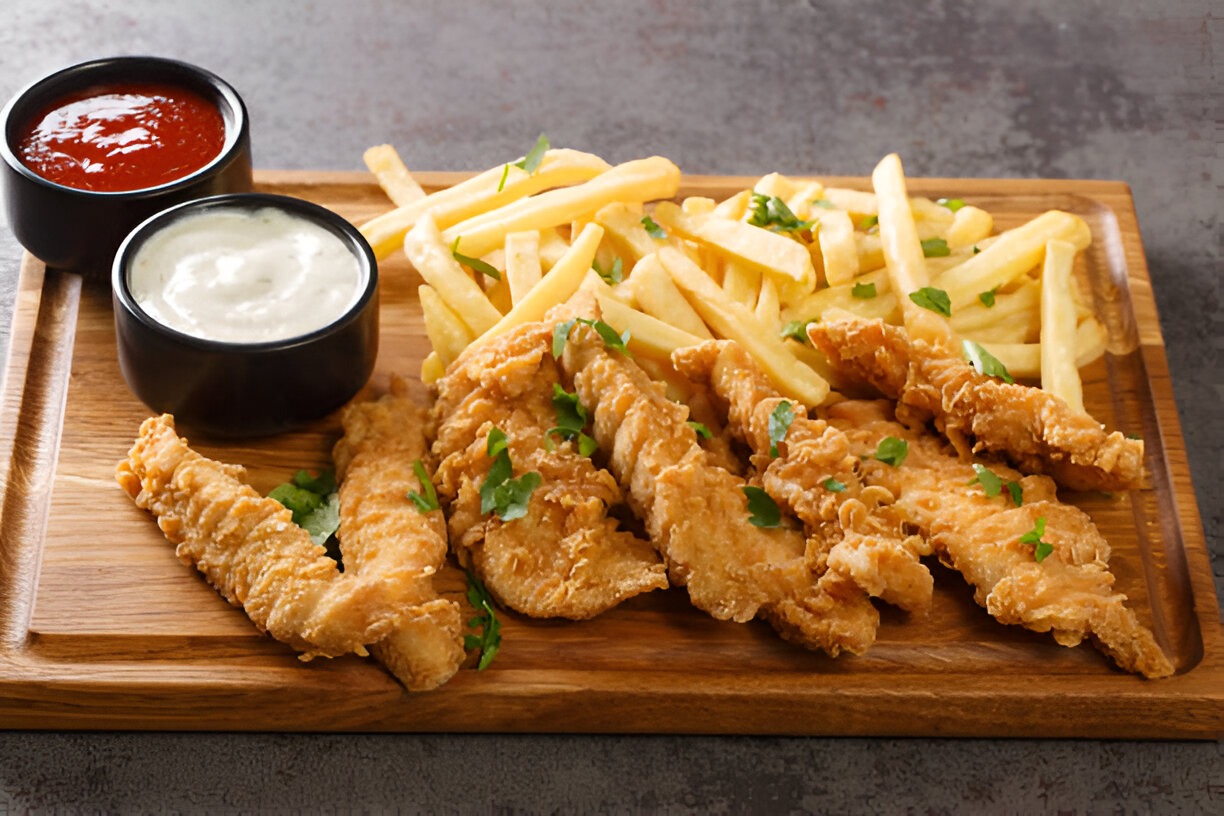 A wooden platter with crispy fried chicken strips, golden French fries, and two dipping sauces.
