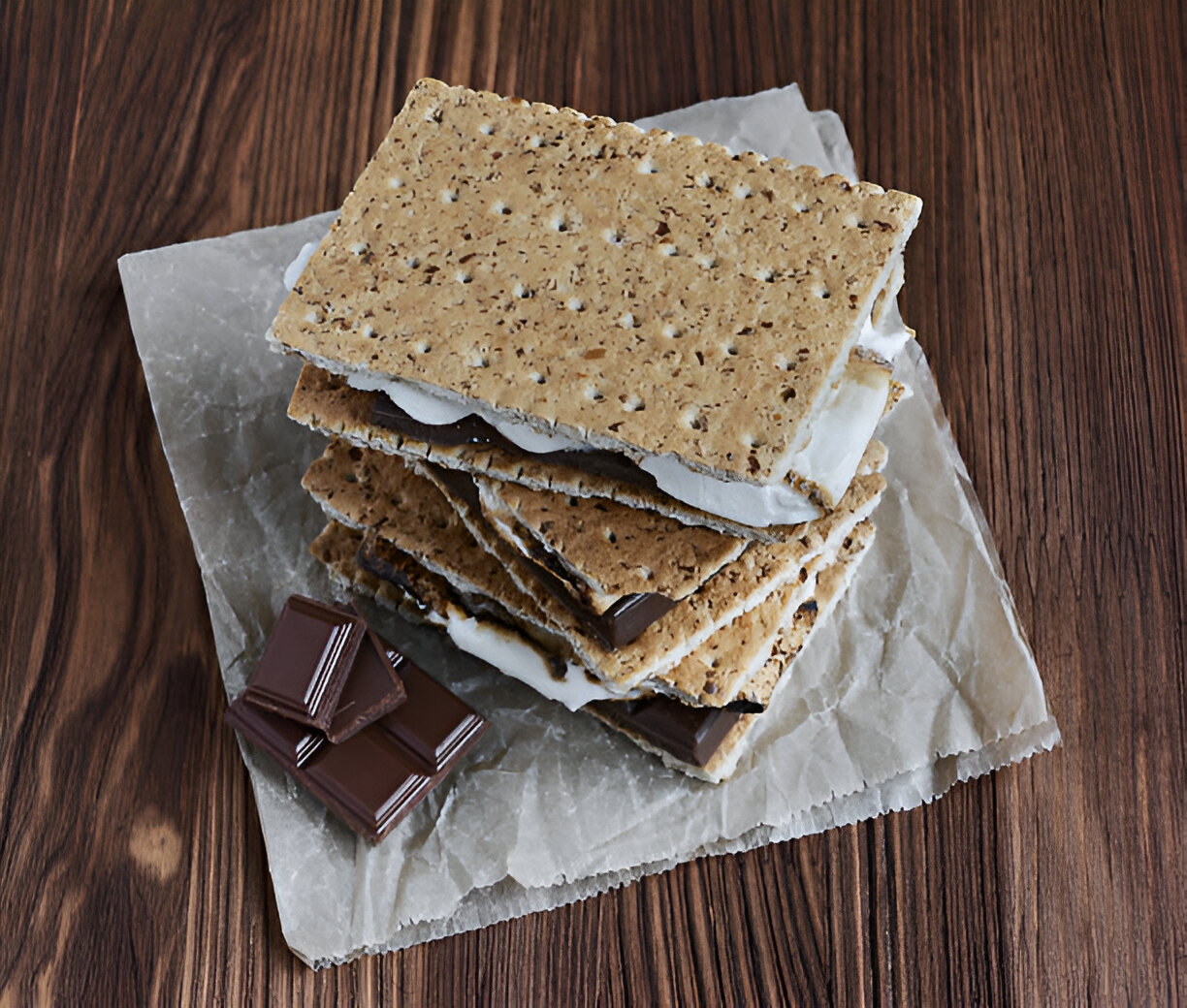 A stack of graham crackers layered with chocolate and marshmallow on a piece of parchment paper.