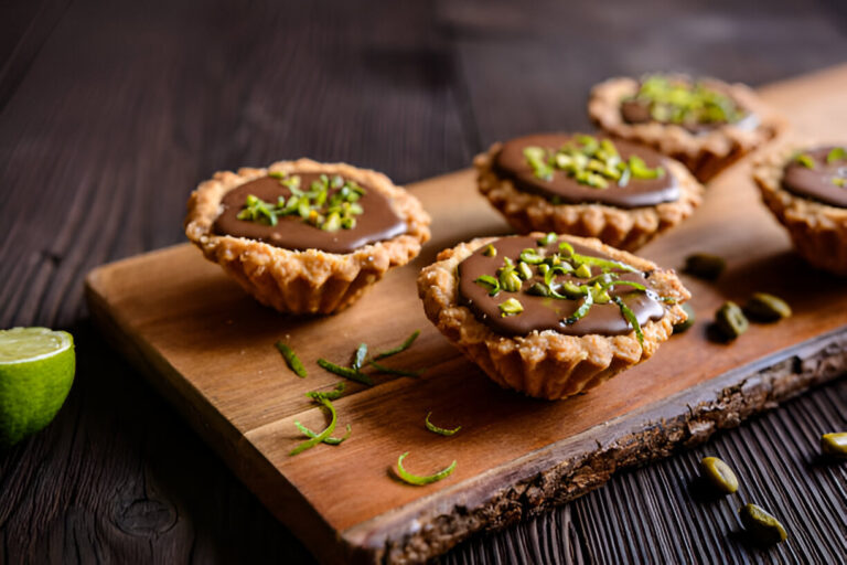 Delicious chocolate tarts topped with chopped pistachios on a wooden serving board.