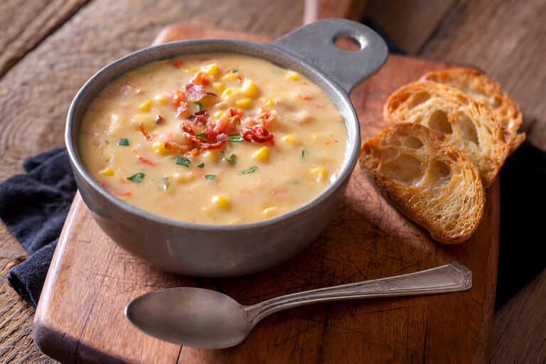 A bowl of creamy corn soup garnished with crispy bacon bits and fresh herbs, served alongside toasted bread slices on a wooden cutting board.