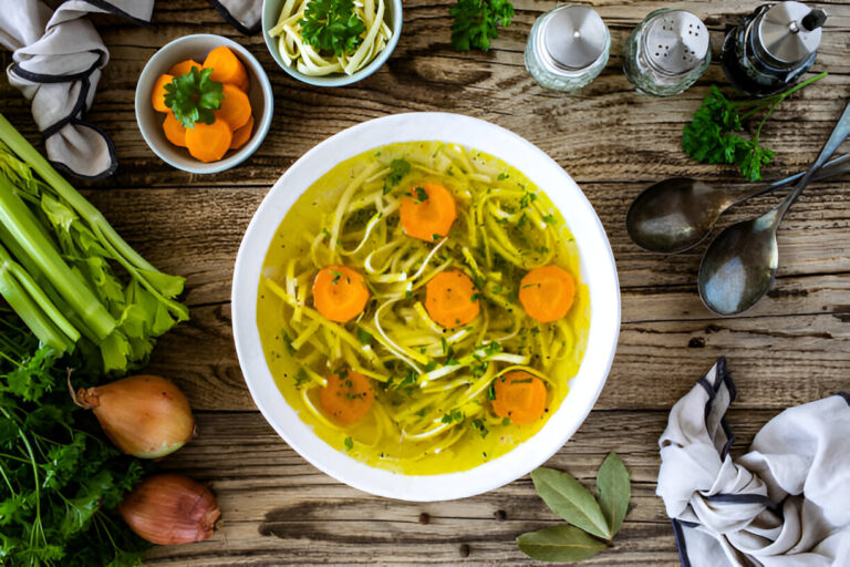 A bowl of soup with noodles and sliced carrots, surrounded by fresh vegetables and herbs on a wooden table.