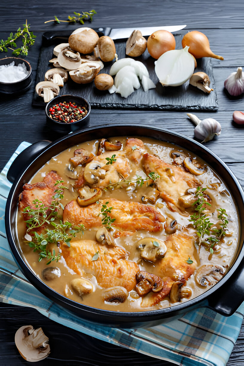 A delicious skillet of chicken with mushrooms and herbs in creamy sauce.