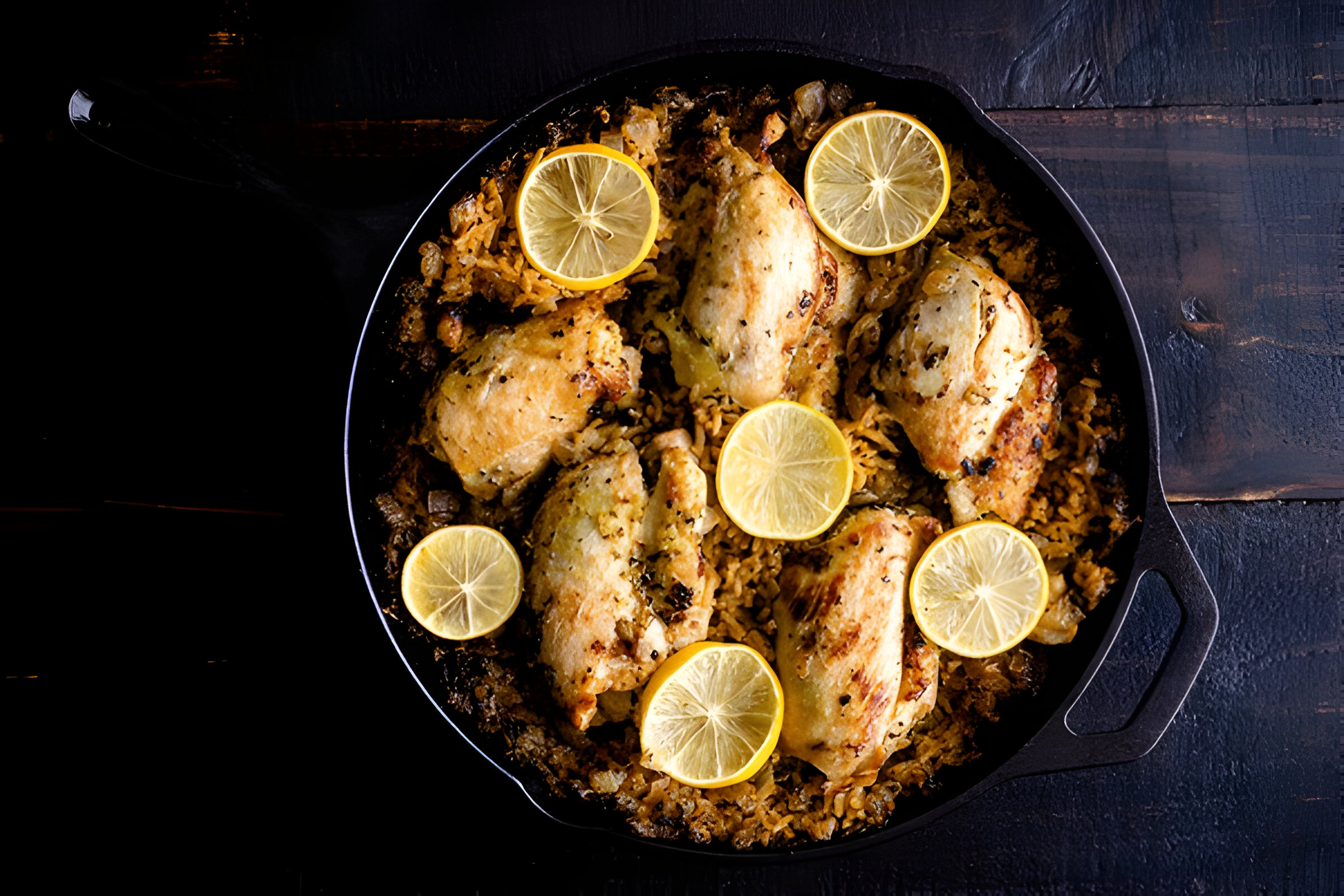 A cast iron skillet filled with baked chicken pieces, served on a bed of rice and garnished with lemon slices