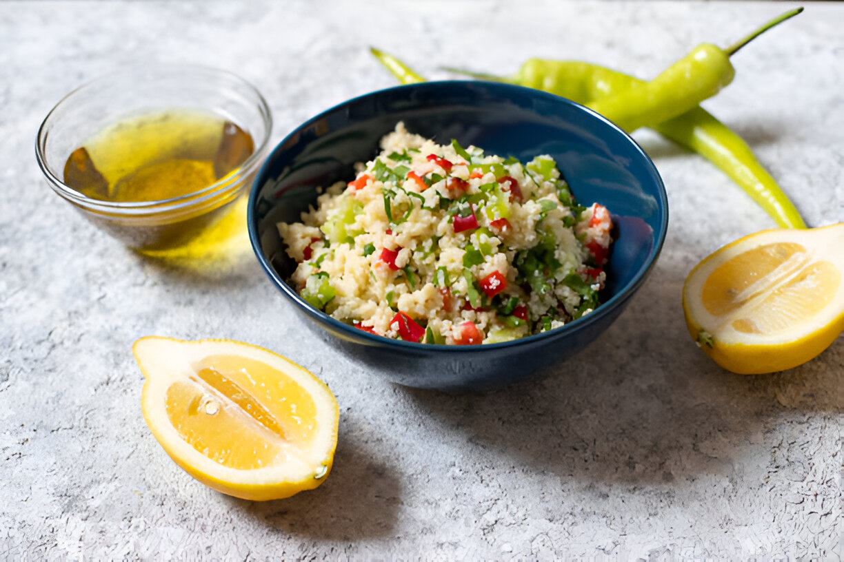 A blue bowl filled with a colorful vegetable salad next to a sliced lemon and a small bowl of olive oil.