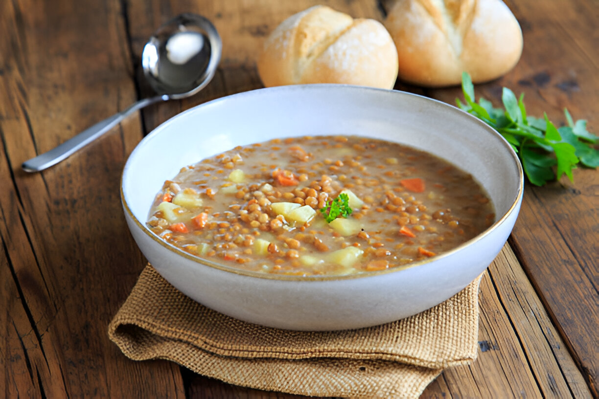A bowl of hearty lentil soup garnished with parsley, with bread rolls in the background on a wooden table.