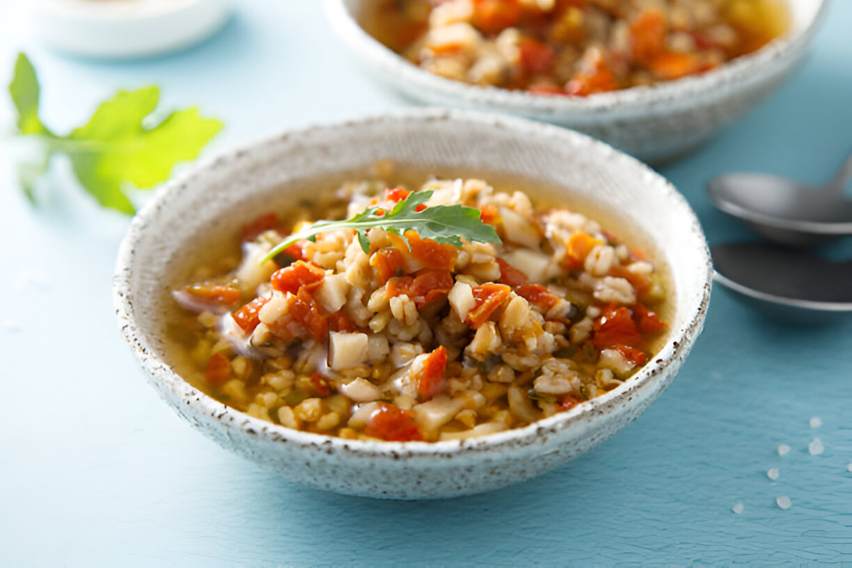 A bowl of hearty barley soup with vegetables, garnished with fresh herbs.