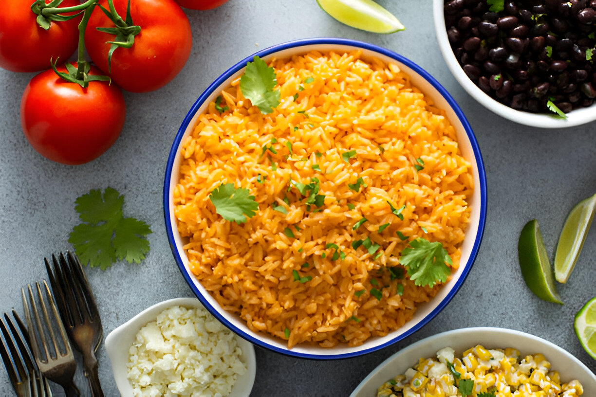 Colorful bowl of Mexican rice garnished with fresh cilantro, surrounded by tomatoes, lime wedges, black beans, and cheese.