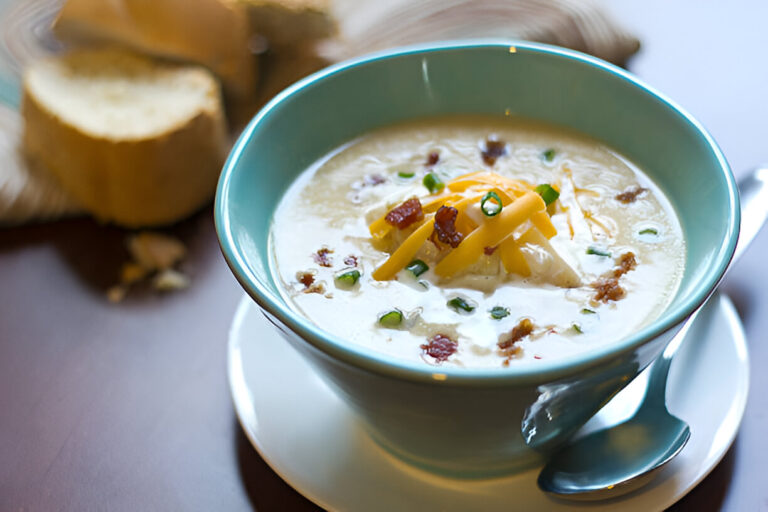 A turquoise bowl filled with creamy soup topped with shredded cheese, bacon bits, and green onions, accompanied by slices of bread in the background.